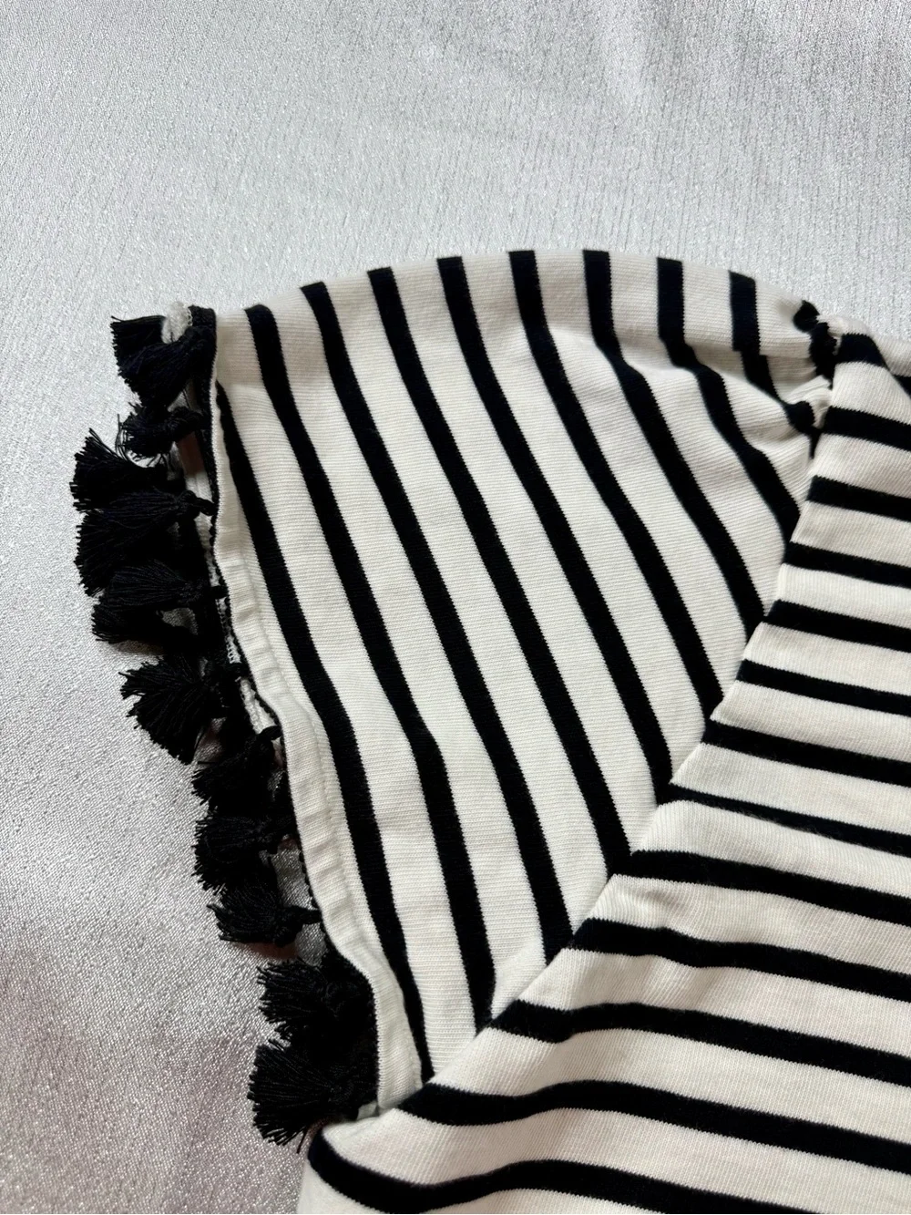 Kate Spade Black and White Striped Short-Sleeve Tassel Trim Top Size Large